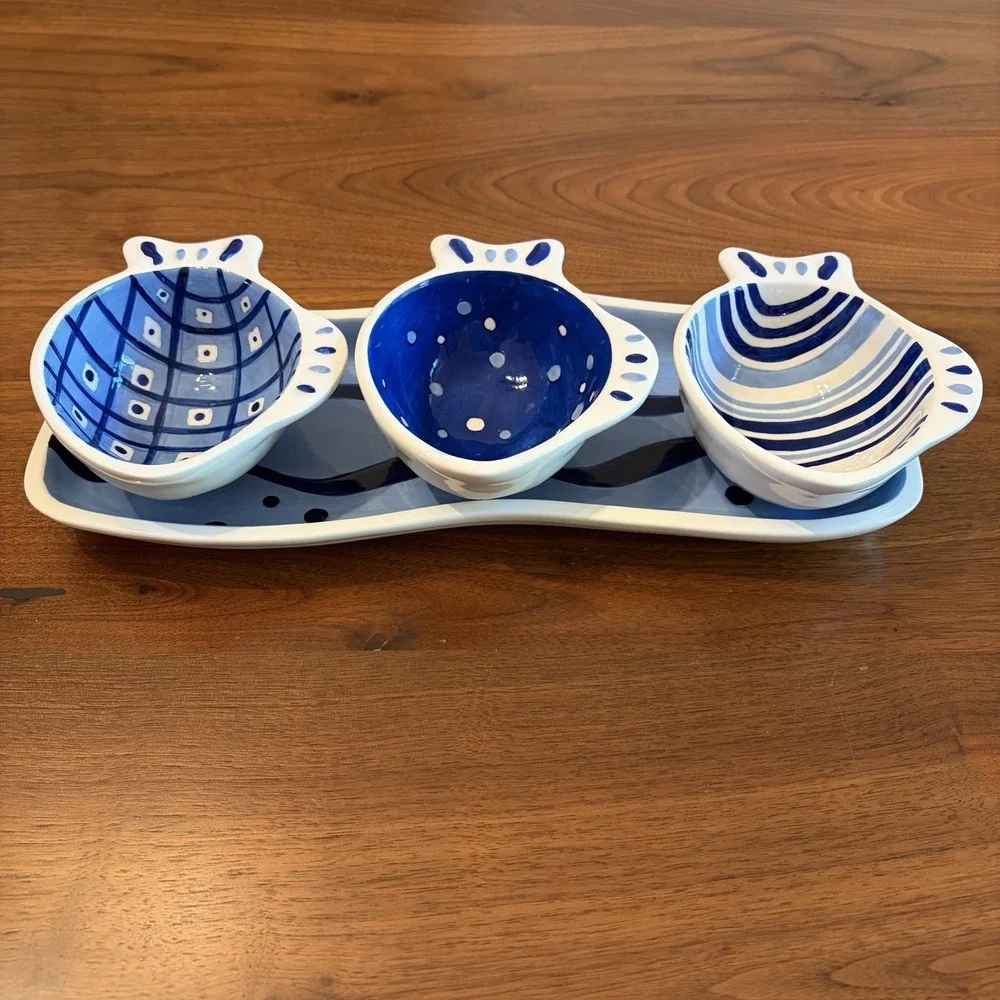 Crate & Barrel Snack Tray Condiment Bowl 4 Piece Set Blue Fish Ocean Coastal
